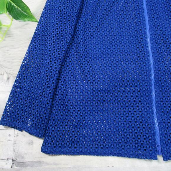 NINA MCLEMORE Blue Floral Eyelet Zip Front Sheer Jacket Women’s Size Small - Picture 8 of 13